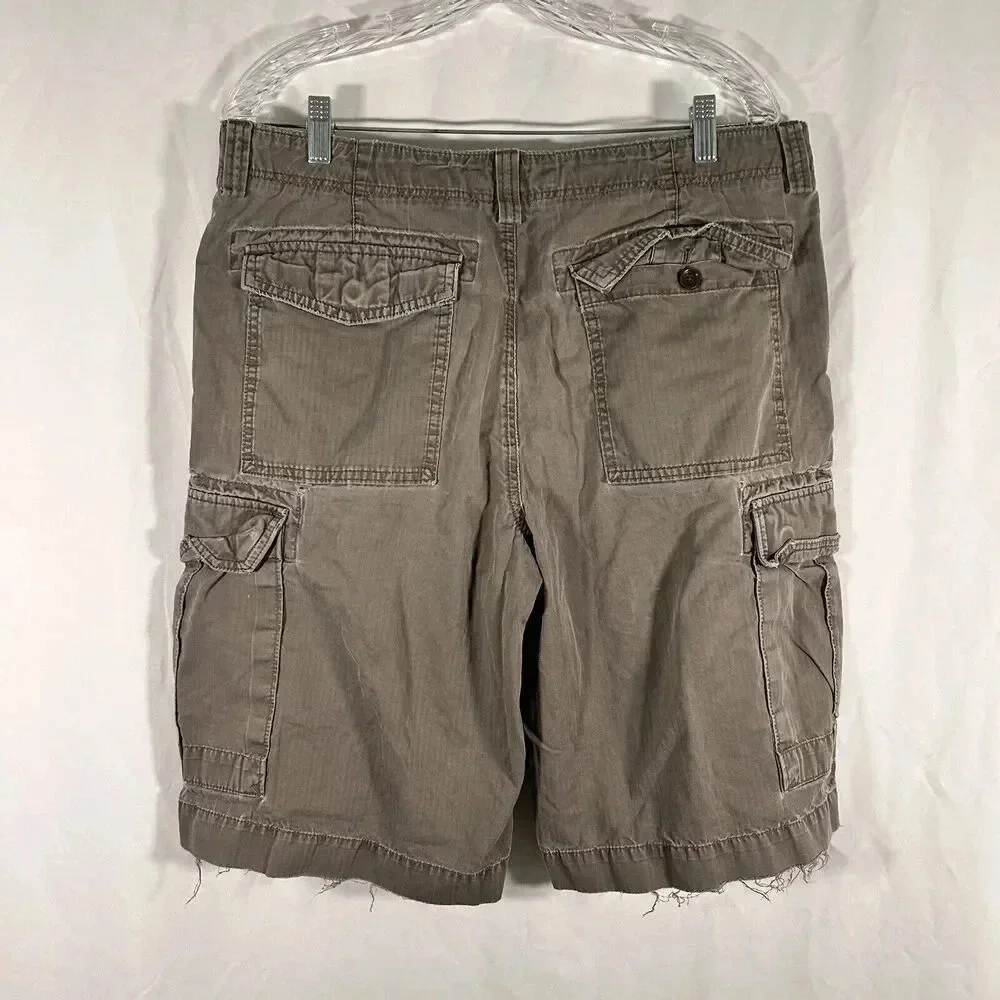 Banana Republic Cargo Shorts Men's 35 Grey Button Zip 100% Cotton Distressed